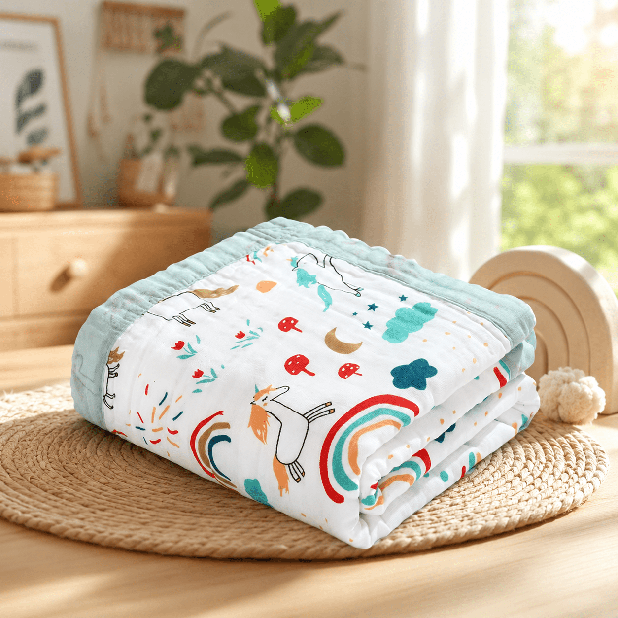 Folded Rainbow Horse pattern cotton gauze swaddle blanket with sage green trim